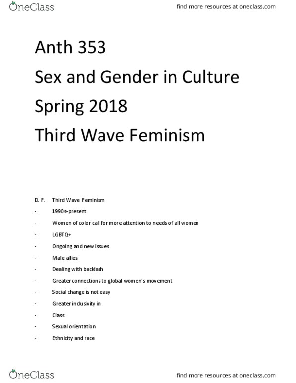 ANTH 353 Lecture Notes - Lecture 21: Third-Wave Feminism, Sexual Orientation, Social Change thumbnail
