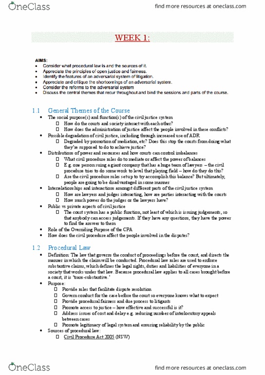 LAWS1014 Lecture Notes - Lecture 1: Civil Procedure Rules, Procedural Law, Determinative thumbnail