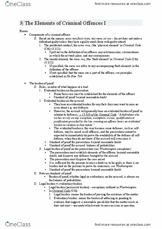 LAWS1016 Lecture Notes - Lecture 3: Actus Reus, Prima Facie, Mens Rea thumbnail