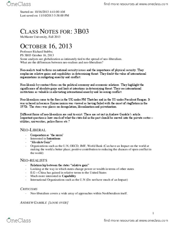 POLSCI 3B03 Lecture Notes - Richard Stubbs, Neoliberalism, Crony Capitalism thumbnail
