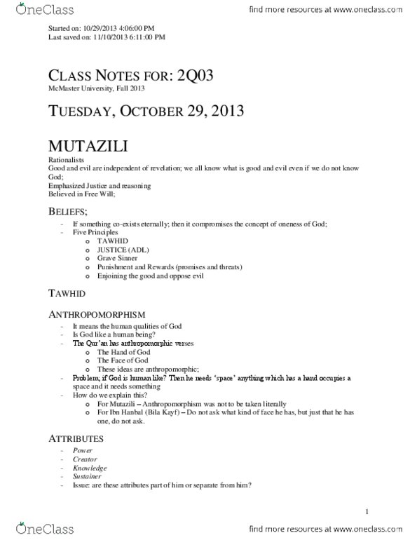 RELIGST 2Q03 Lecture Notes - MuʿTazila, Anthropomorphism, Theodicy thumbnail