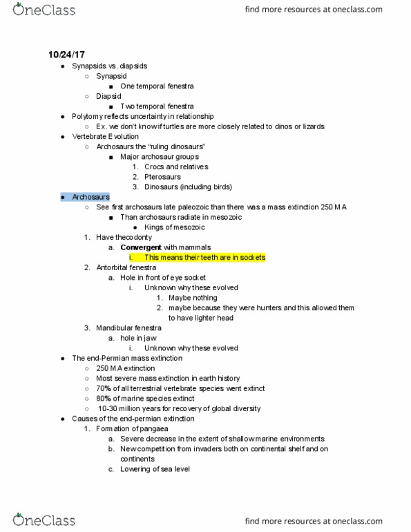 EARTH 7 Lecture Notes - Lecture 8: Antorbital Fenestra, Archosaur, Skull thumbnail