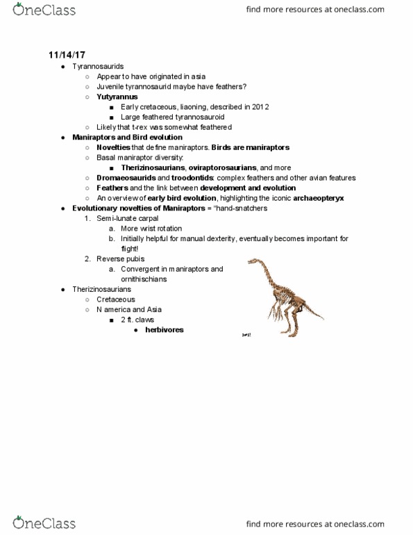 EARTH 7 Lecture Notes - Lecture 13: Tyrannosauridae, Evolution Of Birds, Troodontidae thumbnail
