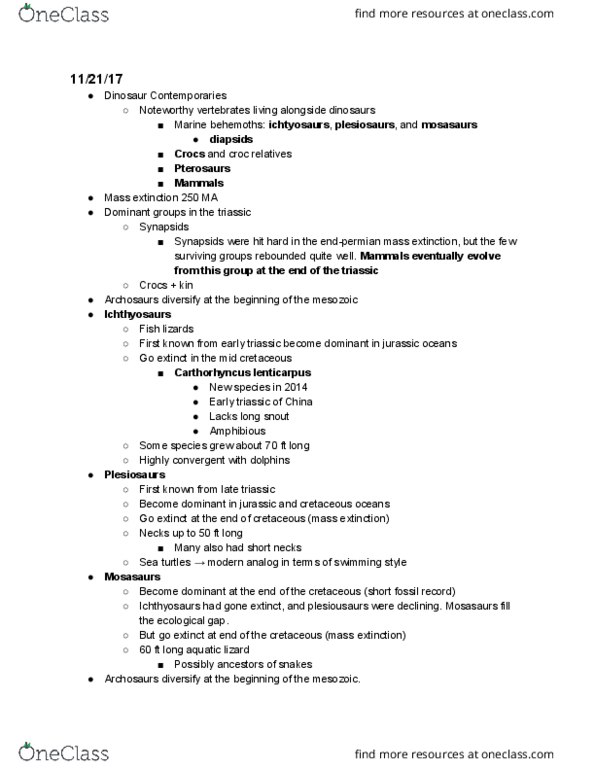 EARTH 7 Lecture Notes - Lecture 14: Mosasaur, Plesiosauria, Mesozoic thumbnail