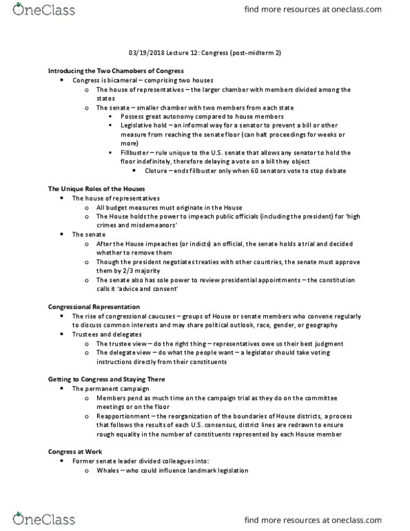 POLS 3410 Lecture Notes - Lecture 12: United States House Committee On Rules, Cloture, Sole Power thumbnail