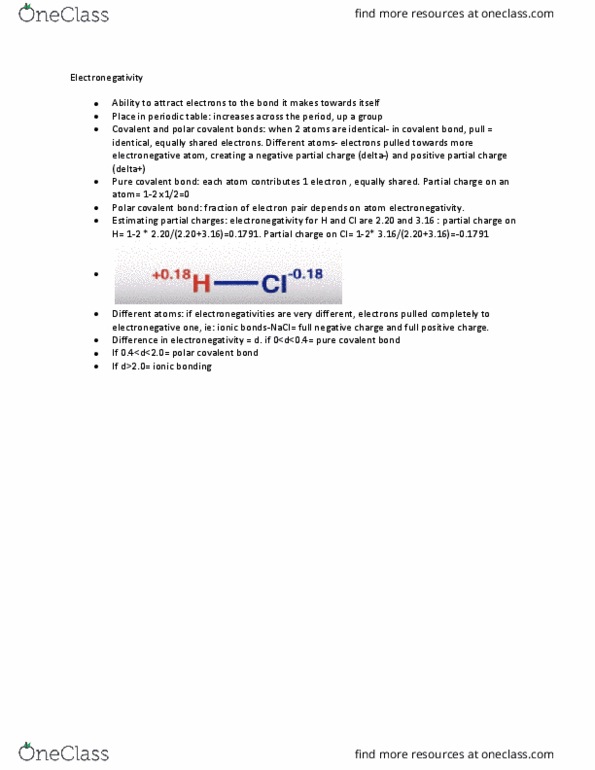 CHEM1112 Lecture Notes - Lecture 10: Chemical Polarity, Covalent Bond, Partial Charge thumbnail