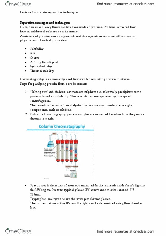 BIOL213 Lecture Notes - Lecture 3: Aromatic Amino Acids, Affinity Chromatography, Column Chromatography thumbnail
