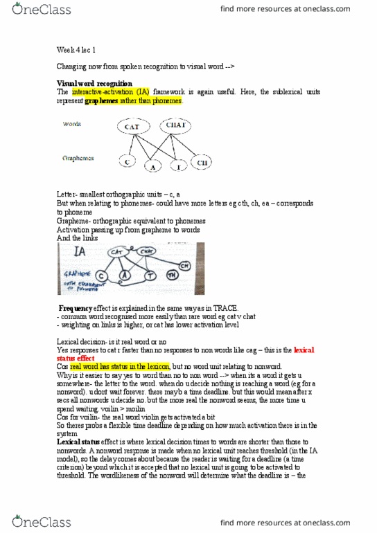 PSYC3311 Lecture Notes - Lecture 7: Lexical Item, Lexical Decision Task, Grapheme thumbnail