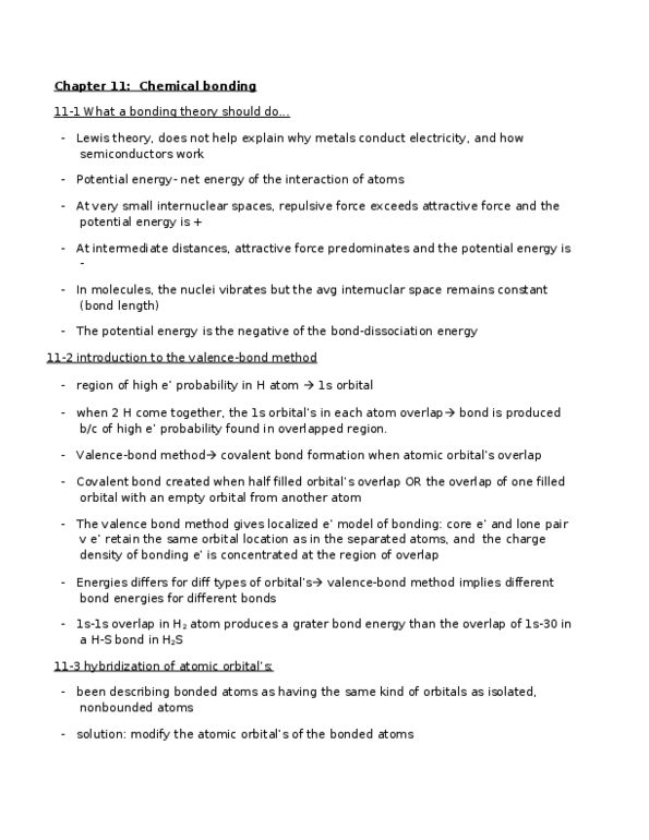 CHMA10H3 Chapter Notes - Chapter 11: Molecular Orbital Theory, Orbital Hybridisation, Chemical Bond thumbnail