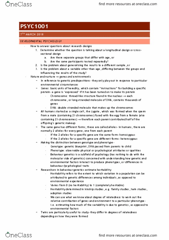 PSYC1001 Lecture Notes - Lecture 4: Twin Study, Longitudinal Study, Heritability thumbnail