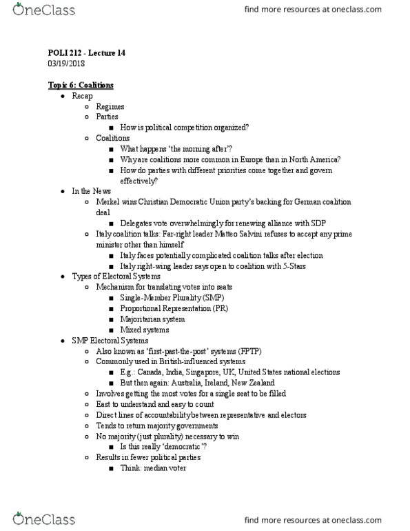 POLI 212 Lecture Notes - Lecture 10: Matteo Salvini, Proportional Representation, Tactical Voting thumbnail