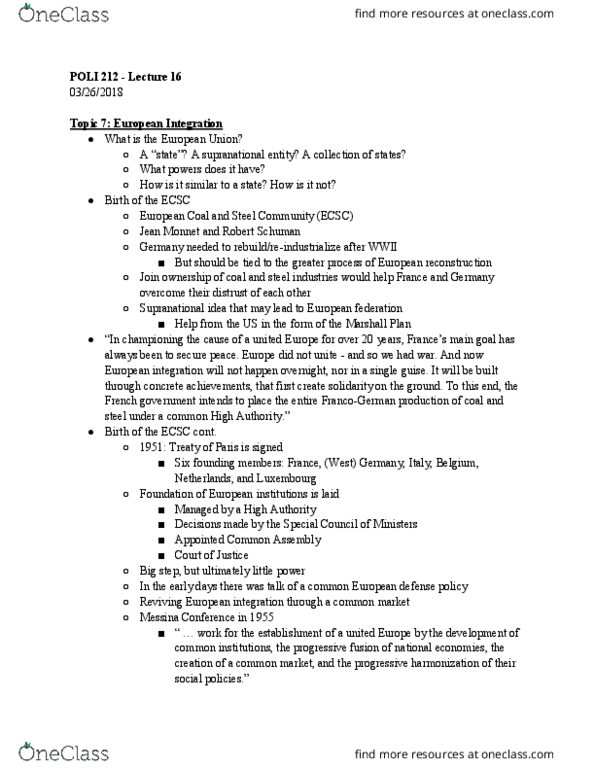 POLI 212 Lecture Notes - Lecture 11: Robert Schuman, Messina Conference, European Parliament thumbnail