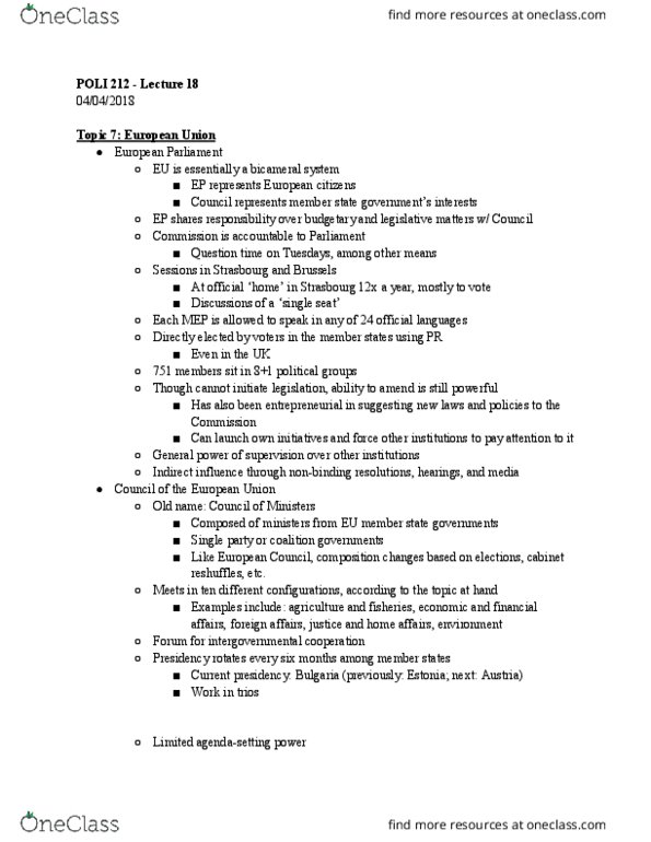 POLI 212 Lecture Notes - Lecture 12: Question Time, Economic Union, No Authority thumbnail