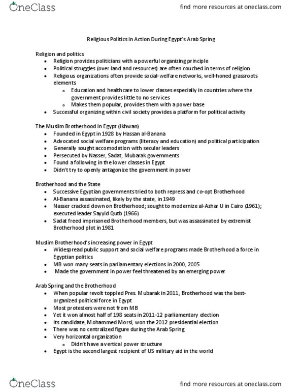 POLI 231 Lecture Notes - Lecture 12: Mohamed Morsi, Sayyid Qutb, Arab Spring thumbnail