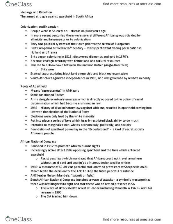 POLI 231 Lecture Notes - Lecture 8: Afrikaner Broederbond, Protestantism, Soweto Uprising thumbnail