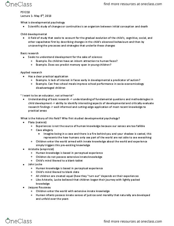 PSY210H5 Lecture Notes - Lecture 1: Tabula Rasa, Developmental Psychology, Sigmund Freud thumbnail