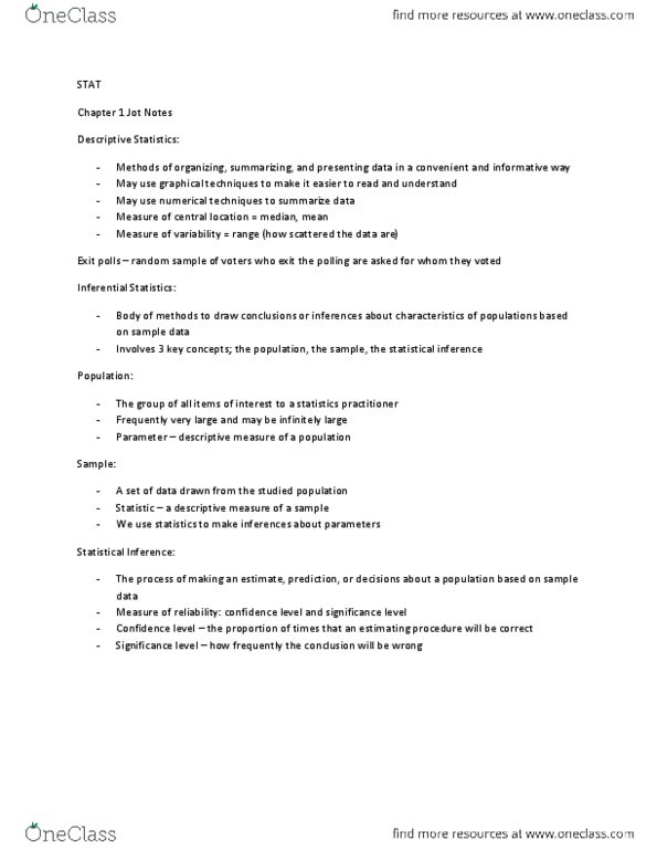 MGMT 1050 Chapter Notes - Chapter 1: Statistical Inference thumbnail