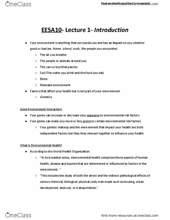 EESA10H3 Lecture Notes - Lecture 1: World Health Organization, Environmental Health, Venomous Snake thumbnail