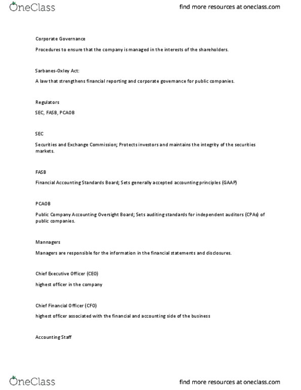 ACC 240 Lecture Notes - Lecture 13: Public Company Accounting Oversight Board, Chief Executive Officer, Financial Statement thumbnail