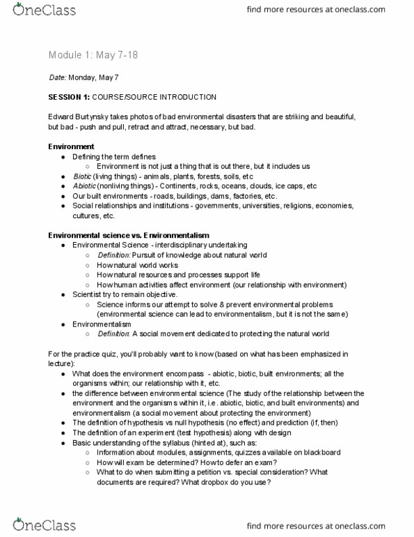 ENV100Y5 Lecture Notes - Lecture 1: Edward Burtynsky, Null Hypothesis, Environmentalism thumbnail