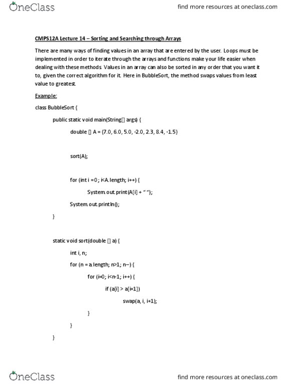 CSE 14 Lecture Notes - Lecture 14: Bubble Sort thumbnail