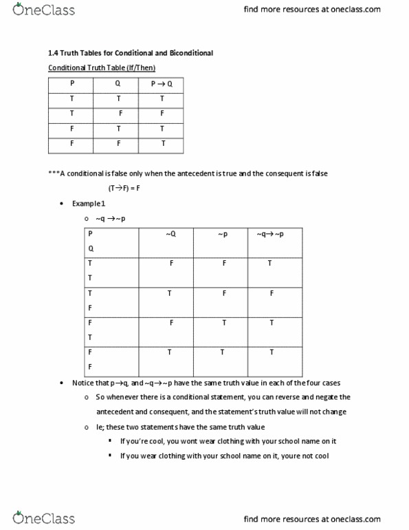 GNED 1101 Chapter Notes - Chapter 1.4: Truth Table, Logical Biconditional thumbnail