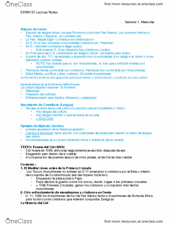 SPAN 120 Lecture Notes - Lecture 2: Los Cristianos, El Cid, Kharja thumbnail