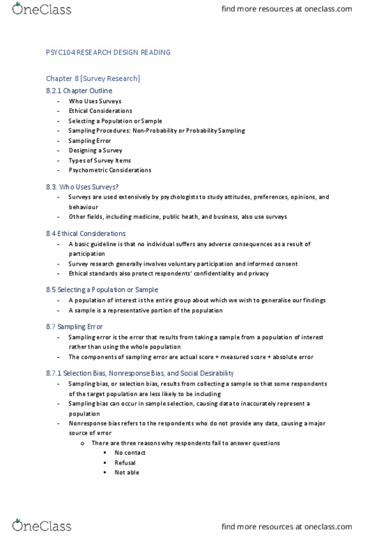 PSYC104 Chapter Notes - Chapter 8: Sampling Error, Sampling Bias, Response Bias thumbnail