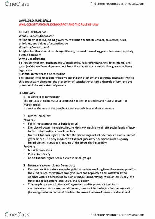 LAW115 Lecture Notes - Lecture 6: Constitutionalism, Constitution Of Australia, Well-Order thumbnail