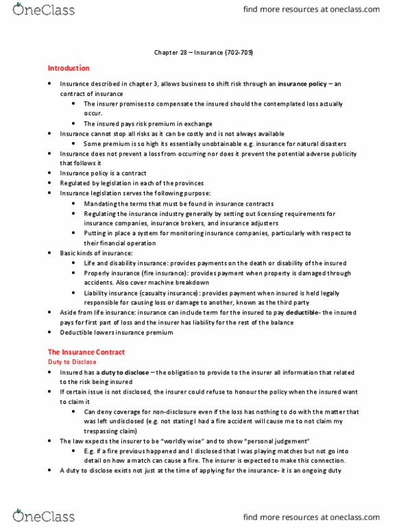 AFM231 Chapter Notes - Chapter 28: Liability Insurance, Risk Premium, Insurance Policy thumbnail