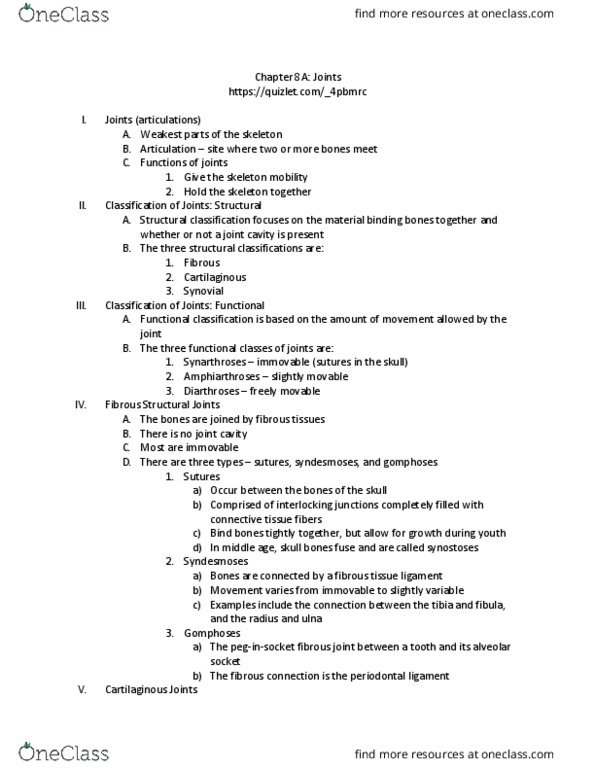 KAAP309 Lecture Notes - Lecture 8: Periodontal Fiber, Fibrous Joint, Synovial Joint thumbnail