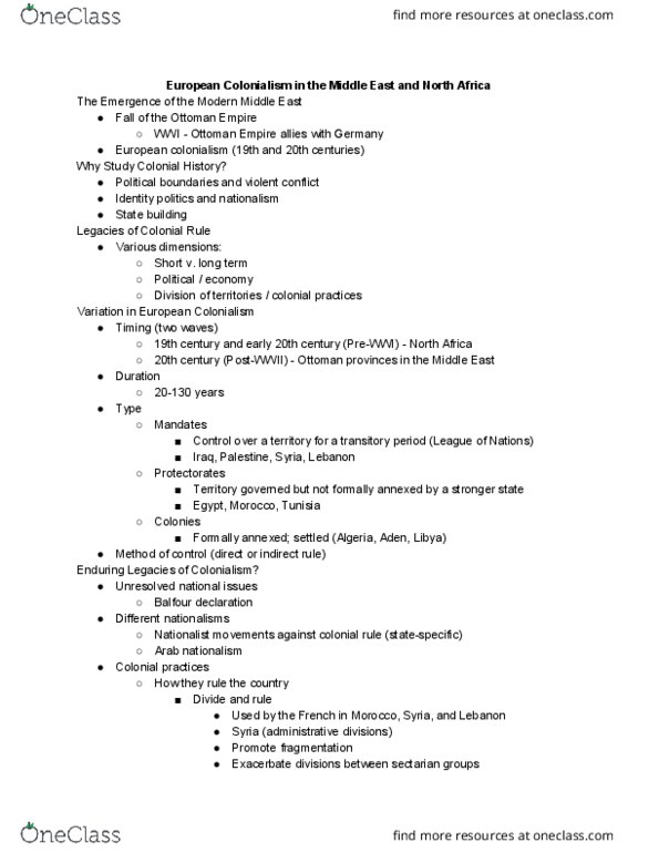 PSC 321 Lecture Notes - Lecture 2: European Colonialism, Arab Nationalism, Indirect Rule thumbnail