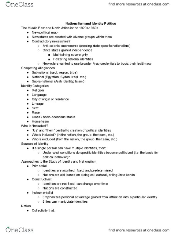 PSC 321 Lecture Notes - Lecture 3: Arab World, Arab Nationalism, Primordialism thumbnail