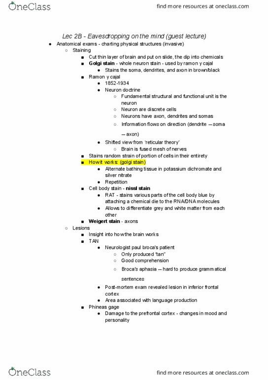 COGS 17 Lecture Notes - Lecture 3: Franz Nissl, Potassium Dichromate, Golgi'S Method thumbnail