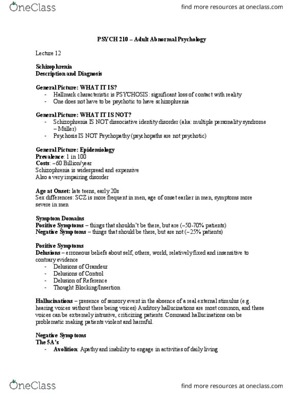 PSYC 210 Lecture Notes - Lecture 12: Dissociative Identity Disorder, Auditory Hallucination, Avolition thumbnail