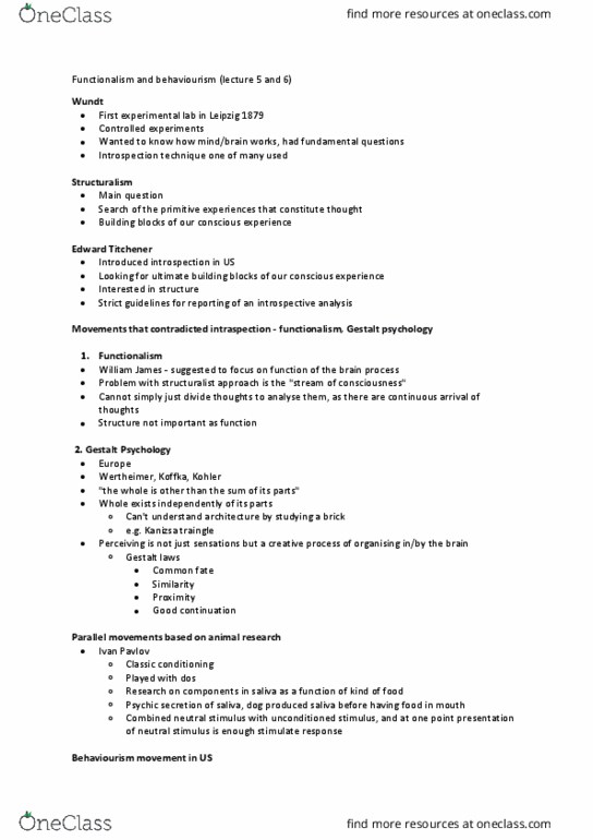 PSYC1001 Lecture Notes - Lecture 5: Edward B. Titchener, Classical Conditioning, Kurt Koffka thumbnail