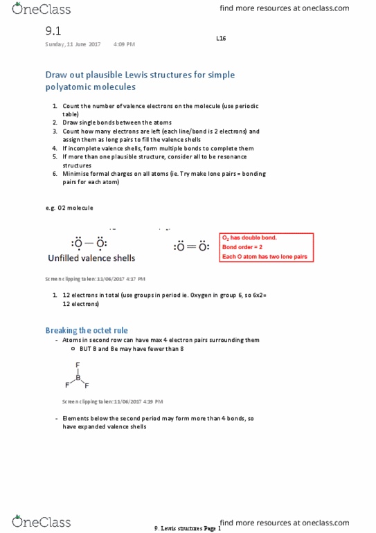CHEM1101 Lecture Notes - Lecture 9: Lewis Structure, Lone Pair, Octet Rule thumbnail