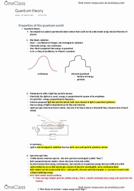 CHEM1101 Lecture Notes - Lecture 2: Photon Energy, Bohr Model, Black-Body Radiation thumbnail
