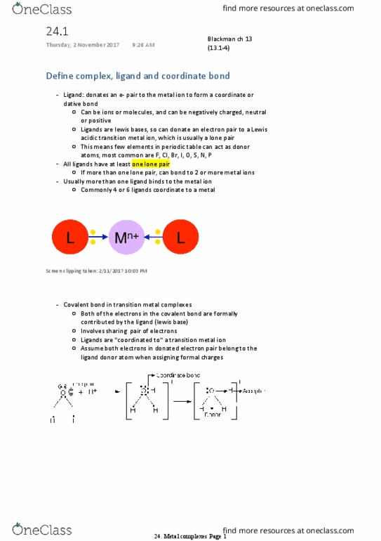 CHEM1112 Lecture Notes - Lecture 24: Coordinate Covalent Bond, Coordination Complex, Lone Pair thumbnail