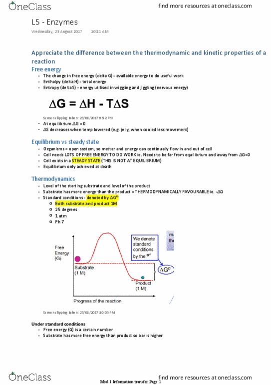 BIOL1007 Lecture Notes - Lecture 5: Thermodynamics, Enzyme, Activation Energy thumbnail