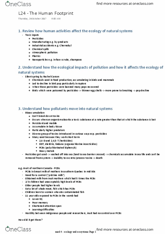 BIOL1007 Lecture Notes - Lecture 24: California Condor, Rachel Carson, Lead Poisoning thumbnail