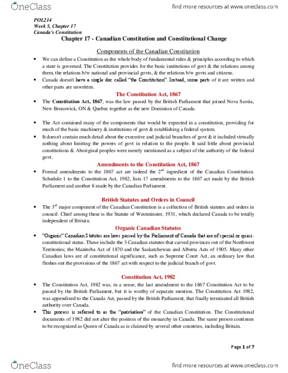 POL214Y5 Chapter Notes - Chapter 17: Victoria Charter, Supreme Court Act, Constitutional Documents thumbnail