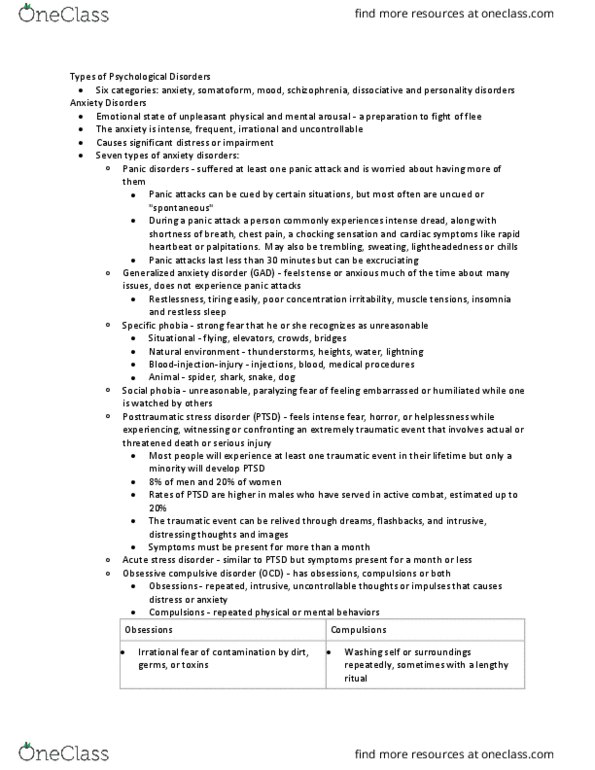 PY 105 Chapter Notes - Chapter 5: Posttraumatic Stress Disorder, Obsessive–Compulsive Disorder, Somatic Symptom Disorder thumbnail