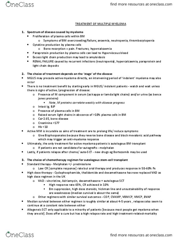BIOLOGY 2F03 Chapter Notes - Chapter 9-11: Chemotherapy Regimen, Monoclonal Gammopathy Of Undetermined Significance, Myeloma Protein thumbnail