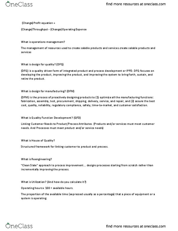 OM 374 Lecture Notes - Lecture 7: Dmaic, Operations Management, Quality Function Deployment thumbnail