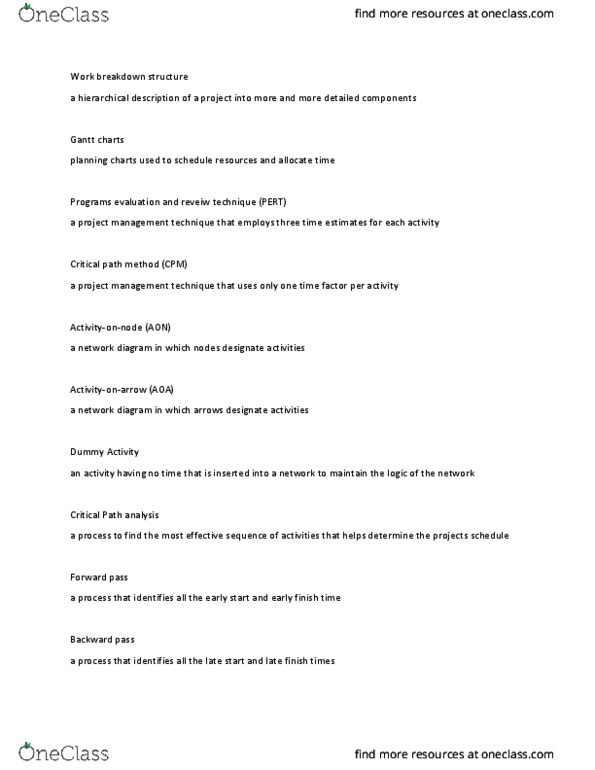 OM 374 Lecture Notes - Lecture 15: Critical Path Method, Work Breakdown Structure, Forward Pass thumbnail