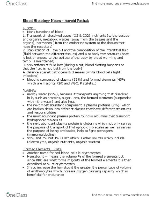 ANA300Y1 Lecture Notes - Blood Proteins, Histology, Abo Blood Group System thumbnail