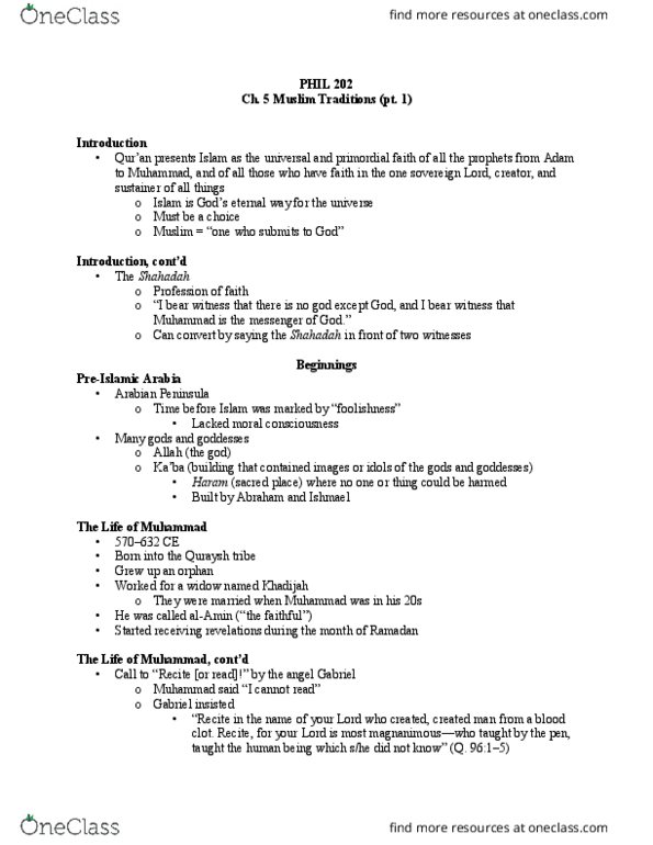 PHIL 202-3 Lecture Notes - Lecture 9: Zayd Ibn Harithah, Quraysh, Shahada thumbnail