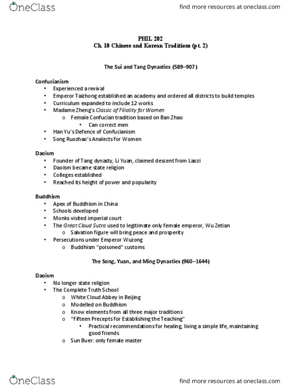 PHIL 202-3 Lecture Notes - Lecture 20: White Cloud Temple, Zhou Dunyi, Wang Yangming thumbnail