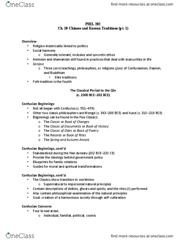 PHIL 202-3 Lecture Notes - Lecture 19: Shang Dynasty, Four Books And Five Classics, Animism thumbnail